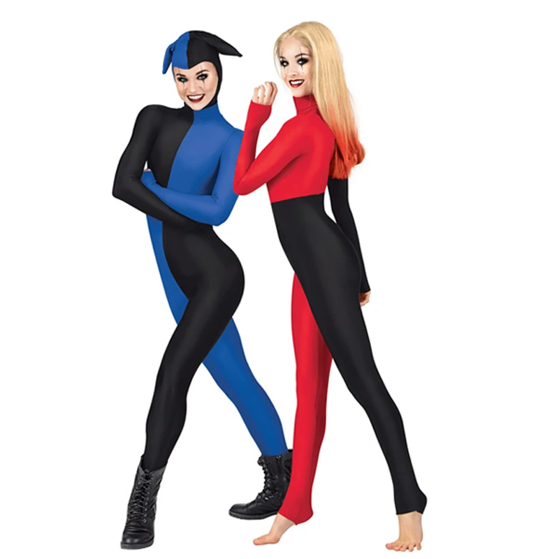 

funny circus clown costumes magic show clown suit spandex superhero cosplay zentai suit joker full body jumpsuit costume women
