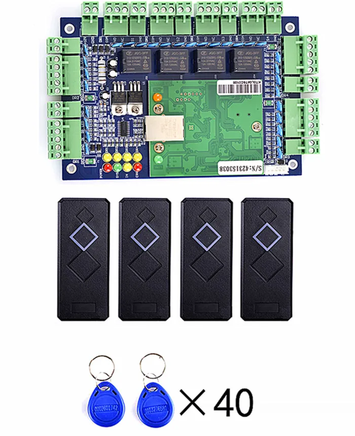 

4 Pieces Card Reader+40Pcs Key Card +RFID Four Door Access Control Systems+TCP/IP+Donated Software
