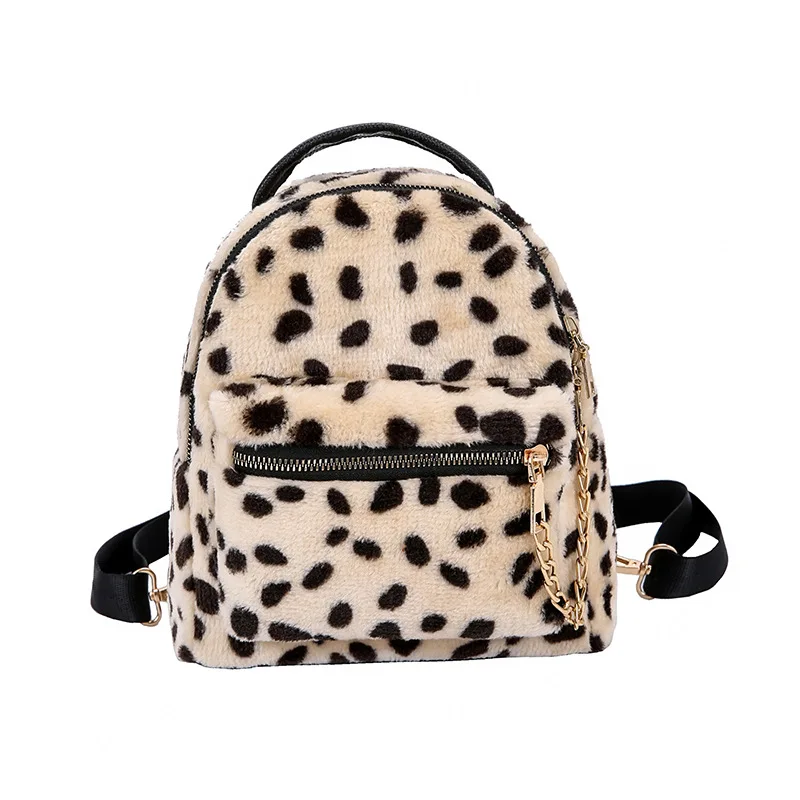 Маленькие рюкзаки с леопардовым принтом для женщин, милый мини рюкзак, детский модный рюкзак с цепочкой для путешествий, плюшевые сумки, зимняя сумка - Цвет: Бежевый