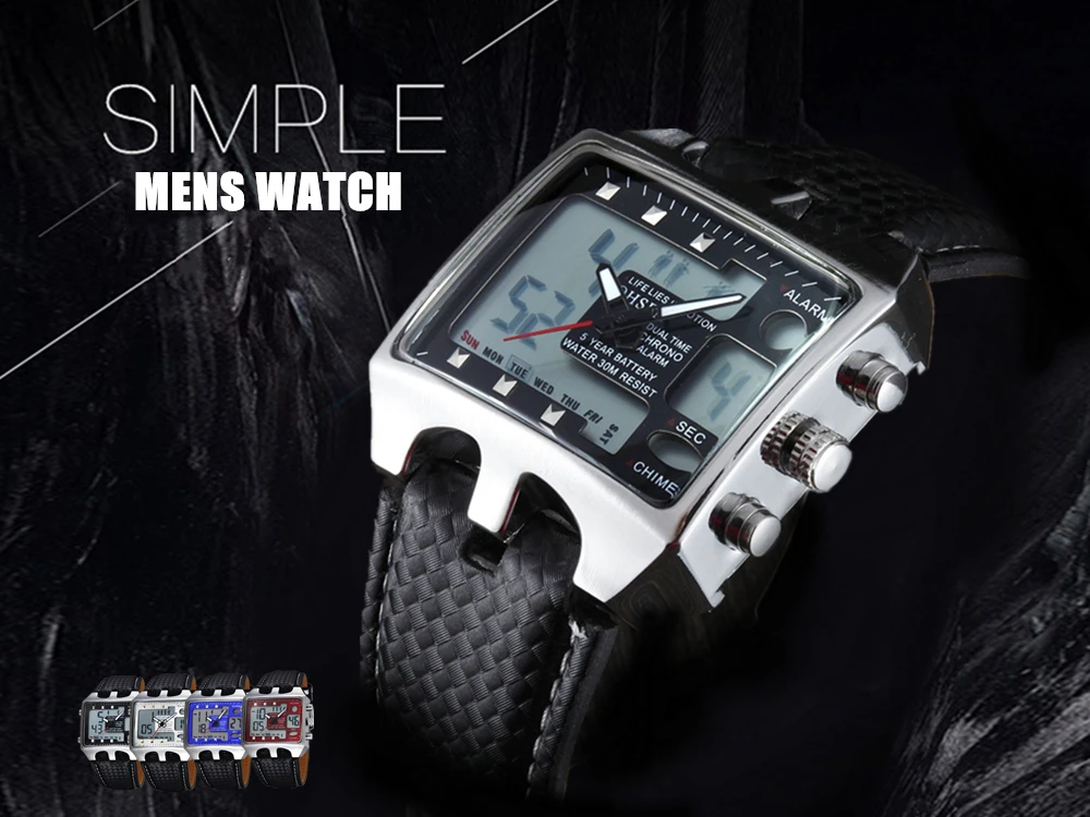 OHSEN цифровой бренд, кварцевые мужские часы, черный кожаный ремешок, модный светодиодный, для плавания, спортивные наручные часы, мужские часы
