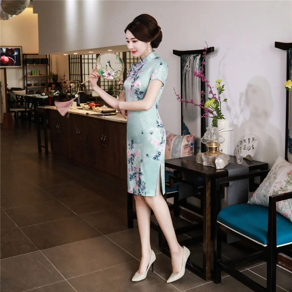 Шанхай история короткий рукав цветочный Qipao длиной до колена cheongsam платье китайский Восточный платья для женщин