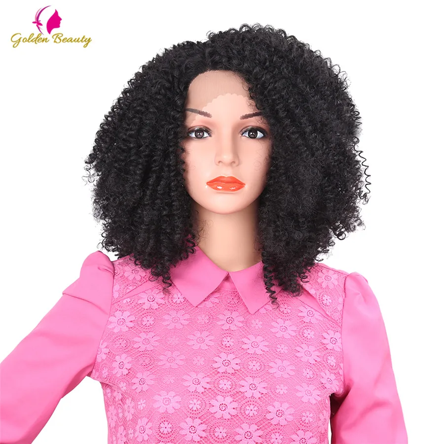 

Golden Beauty 12inch Short kinky Curly Afro Wig for African Women Synthetic Lace Front Wigs for Christmas gifts