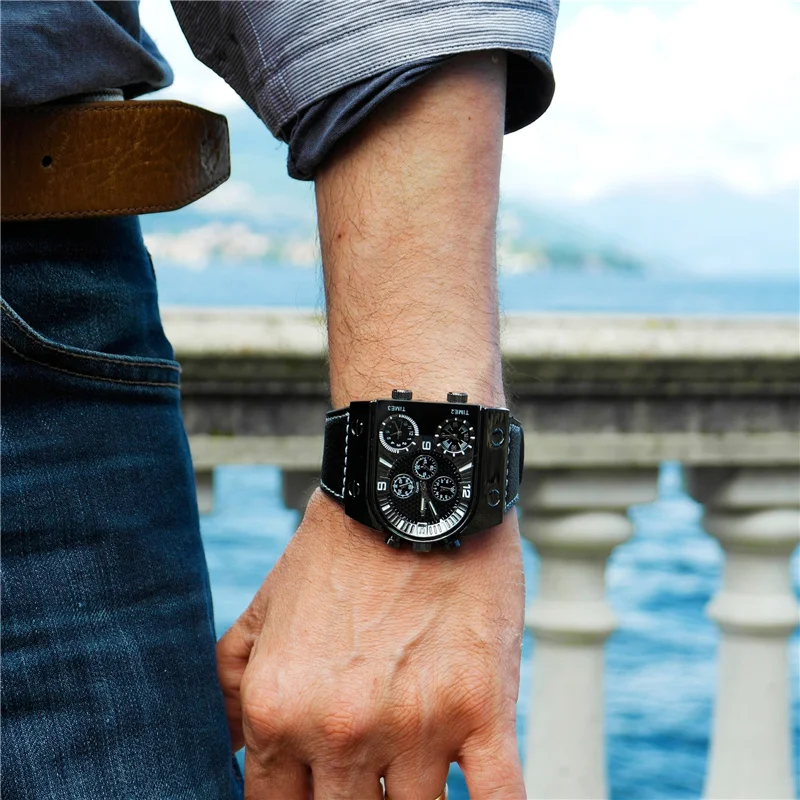 

Oulm Sports Quartz Watches Top Luxury Brand Mens Wristwatch Three Time Zone Casual PU Leather Watch Male relogio masculino