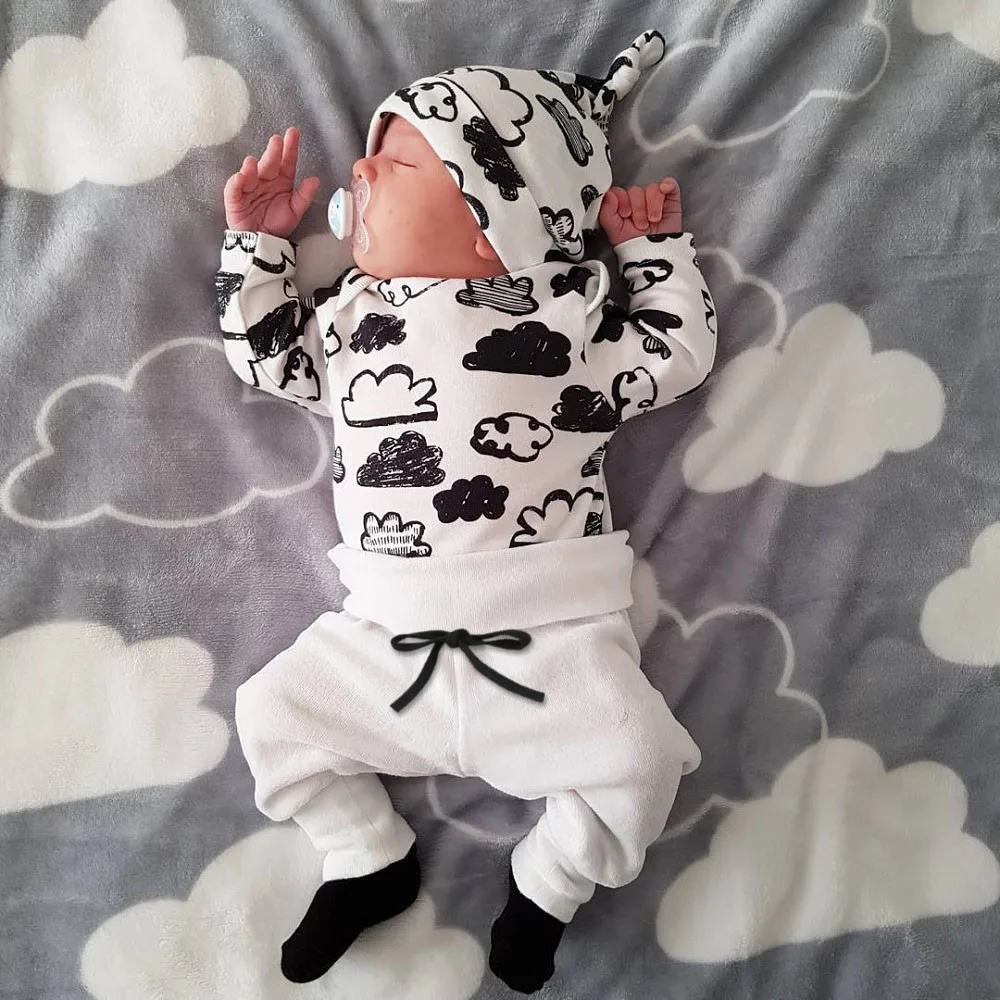 3Pcs Fall Kids Outfits Newborn Baby Girls Boys Clothes Set Cloud Print T Shirt Tops+Pants Y831 |