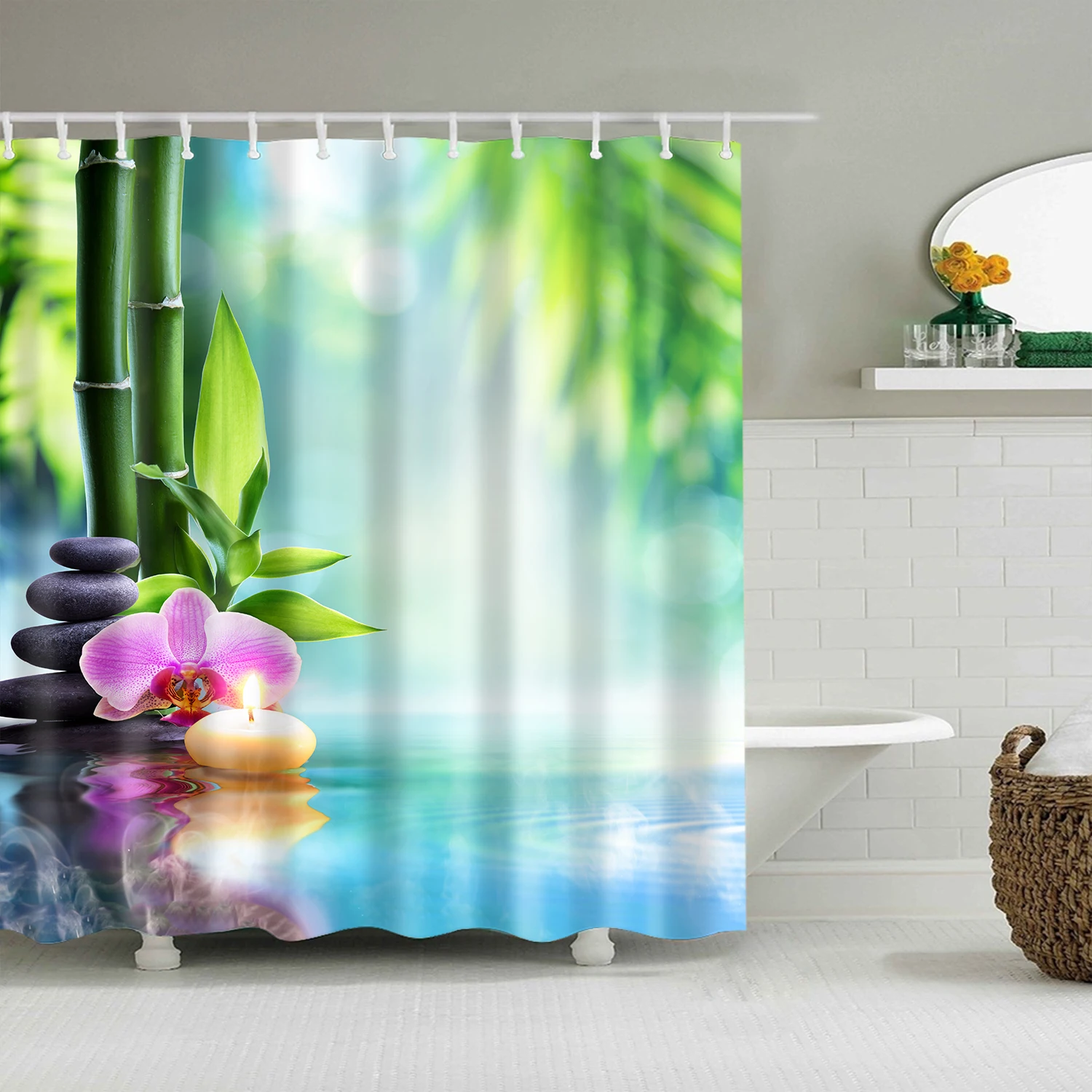 Black Shower Curtain Pink Flower Lotus Bath Curtains Buddhist