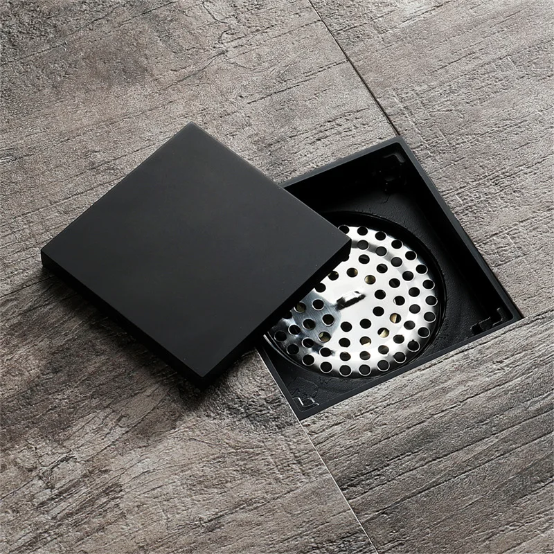 Brass Square Anti-Odor Floor Drain Bathroom Shower Black Floor Drain Waste Drain Strainer Cover Grate 100mm Drains 4 Inch