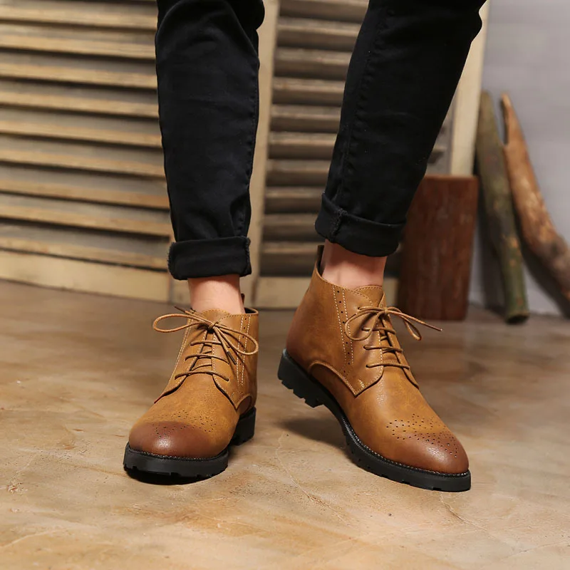 

Brand Size 38-44 Men Ankle Boots Lace-Up Autumn Winter Footwear Retro Boots Male Leather Casual Shoes Brown Black Yellow
