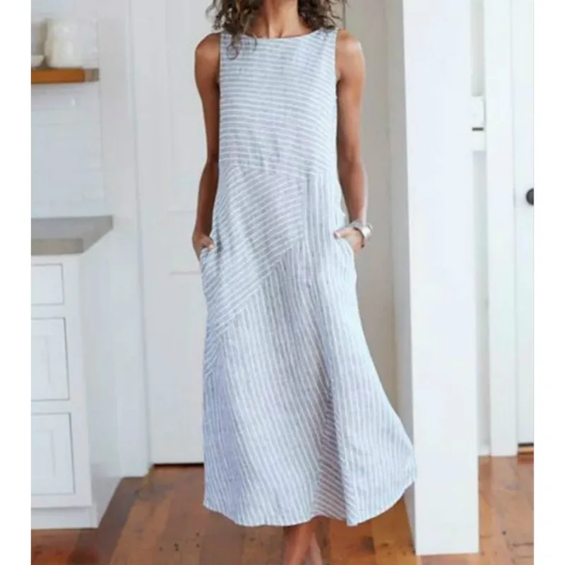 

Sleeveless Striped Casual Dress Women Pockets Summer Long Elegant Dress Loose Dress