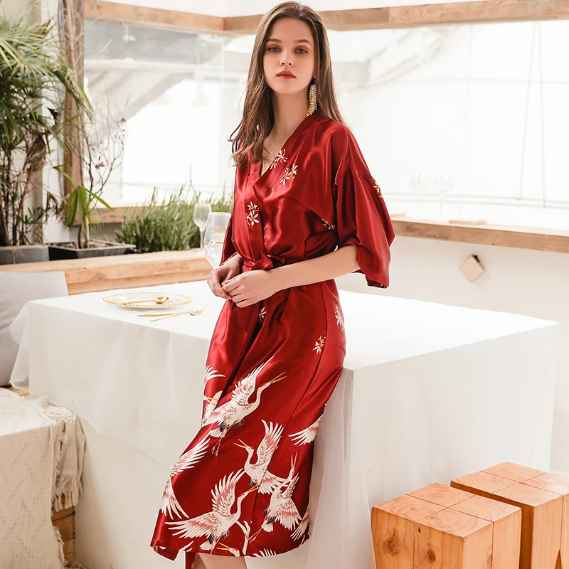 Shetelisi 2019 New Arrivals Satin Women Long Bathrobe Chinese Style Printing Robe with Sash sp0098