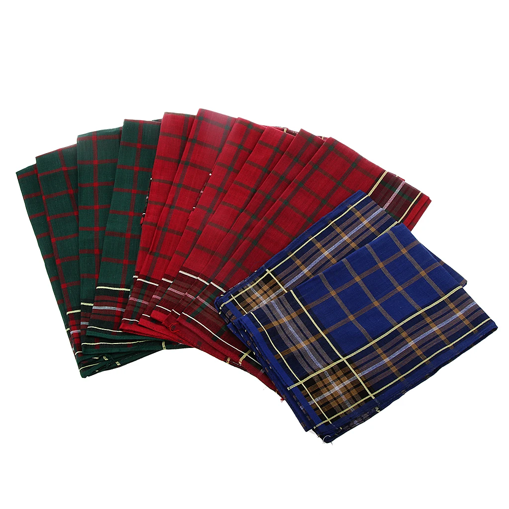  12PCS Wholesale Vintage Mens Handkerchief 100% Cotton Plaid Pocket Square Male Wedding Hanky Xmas A