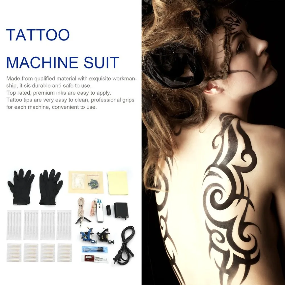 

Newest Tattoo Complete Beginner Tattoo Kit 2 Pro Machine Inks Power Supply Needle Grips Tips Tatto Accessories Basic Set
