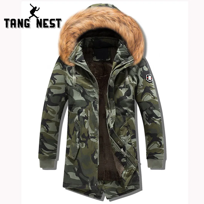 TANGNEST New 2019 Winter Camouflage Fur Collar Thick Warm Velvet Men's Cotton Jacket Asian Size Hooded Comfortable Coat MWM1892 | Мужская
