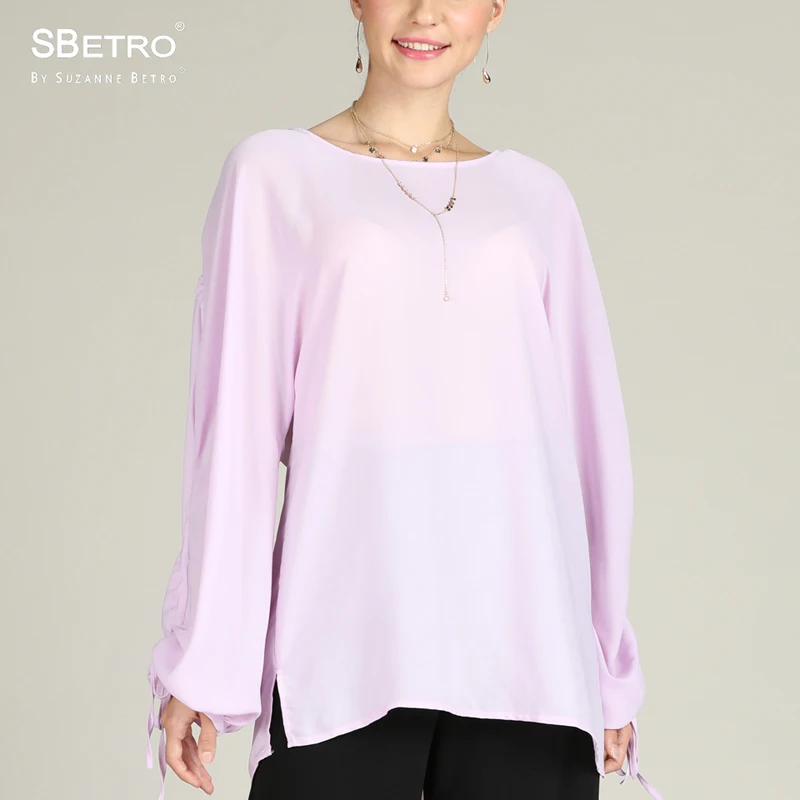 

SBetro Chiffon Shirts Blouses Female Crew Neck Rouched Balloon Fashion Long Sleeve Women Tunic Tops Plus Size