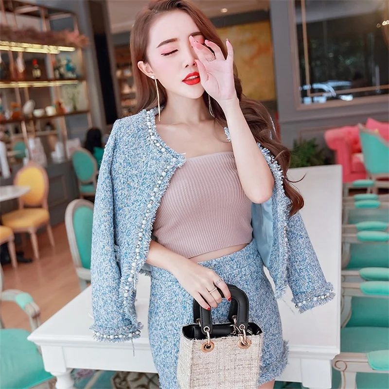 

2018 female autumn winter new female long-sleeved tweed suit skirt woolen elegant jacket+ short skirt two-piece Women's Sets