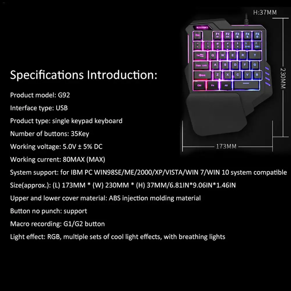 Одноручная мини-клавиатура 35Key красочная подсветка немеханическая USB игровая клавиатура для мобильного игрового компьютера Windows2000 WinXP