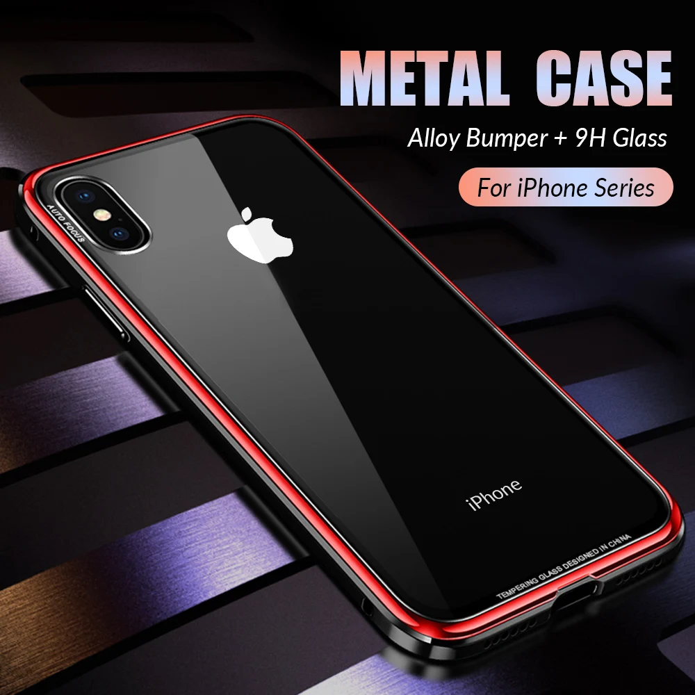 Baratos Funda de Metal de lujo para iPhone XR XS Max funda aluminio Metal parachoques fundas de teléfono de cristal templado para iPhone X 7 8 Plus funda Coque