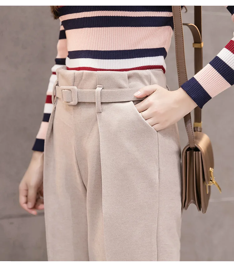 

2019 Spring Woolen Pencil Pants Women With Belt Female High Waist Skinny Fitness Trousers Ladies Work Casual Slacks For Women