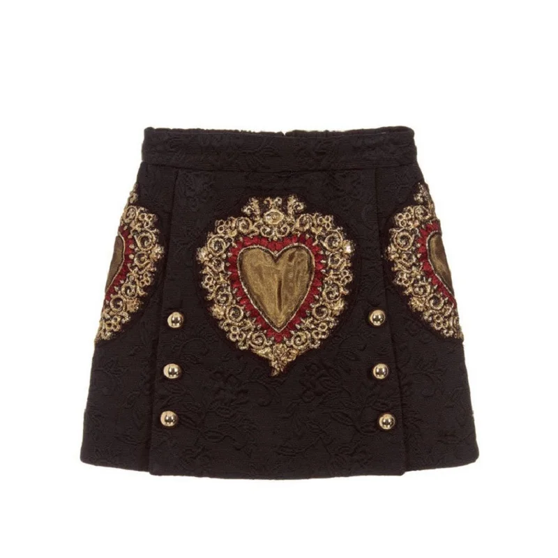 

Vintage Black Heart Embroidery A Line Skirt Women 2019 Runway Designer Double Breasted Female Ladies Party Mini Skirt Clothing