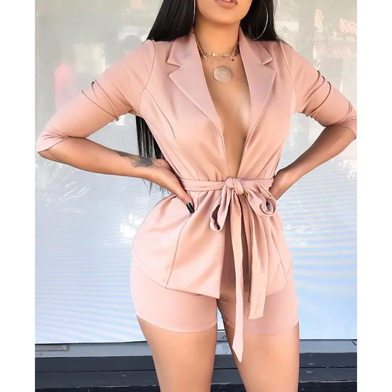 

Two piece set women Solid notched neck belted blazer with shorts Summer 2019 short sleeve blazer shirts set Casual outfits femme