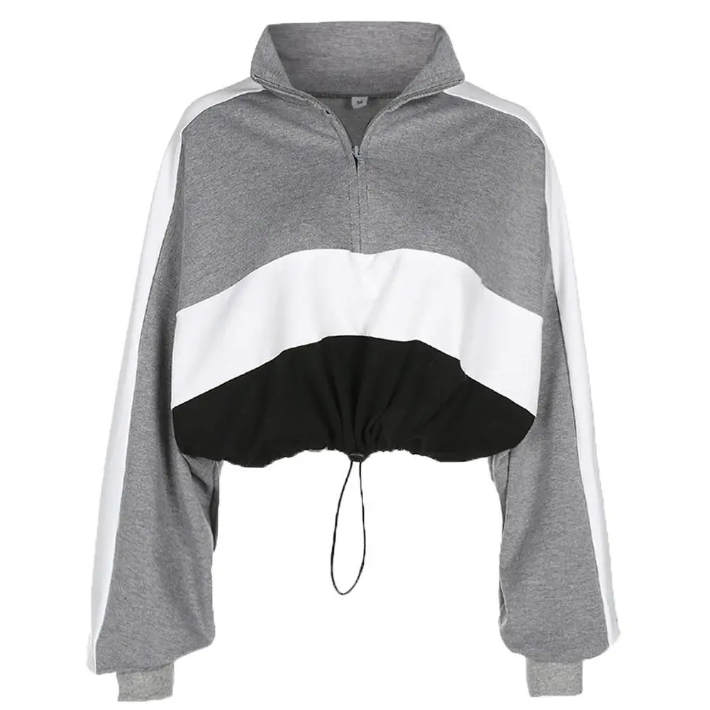 

Women's Casual Stripe Full Sleeve Drawstring High Collar Short Pullover Crop Top