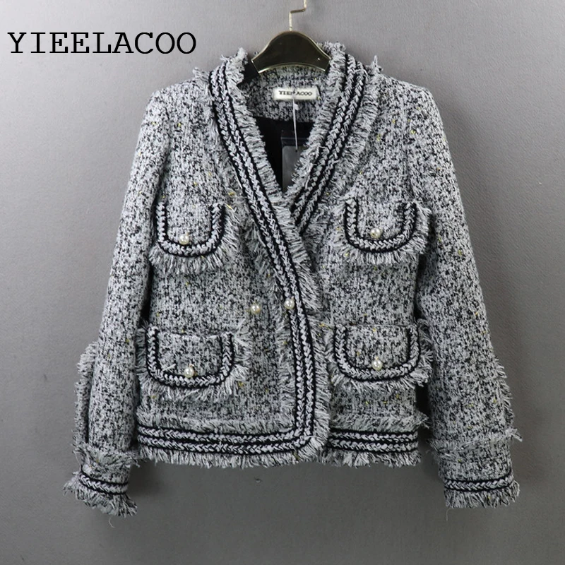 

Gray Tweed Jacket Burr V-neck high quality Autumn / Winter Women jacket Coat long-sleeved Ladies Woolen Jackets