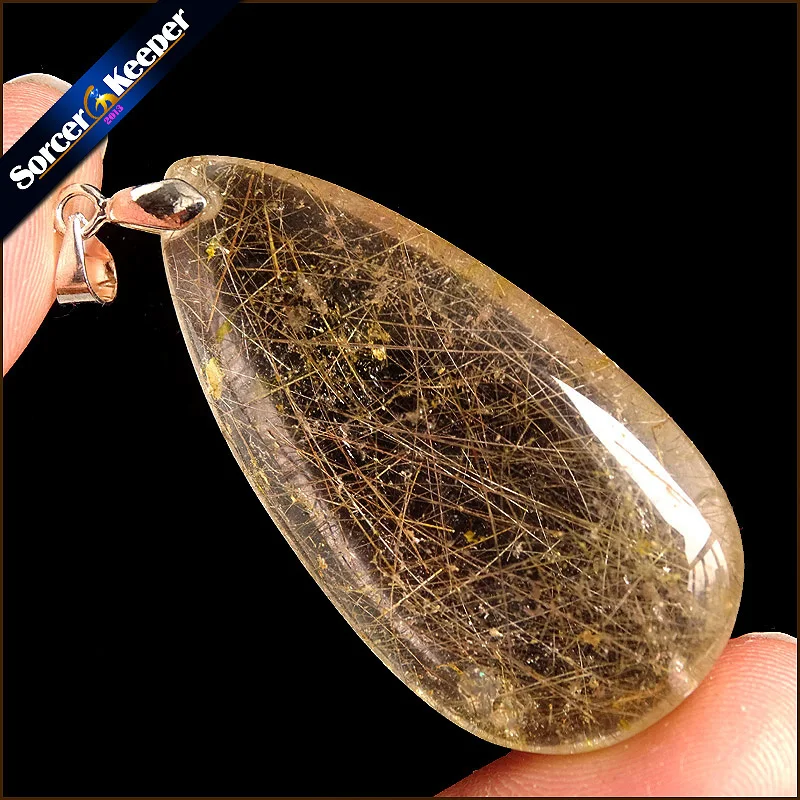 

Genuine Natural Gold Rutilated Quartz Crystal Cabochon Setting Necklace Pendant Stone Beads for DIY Jewelry Making OS791