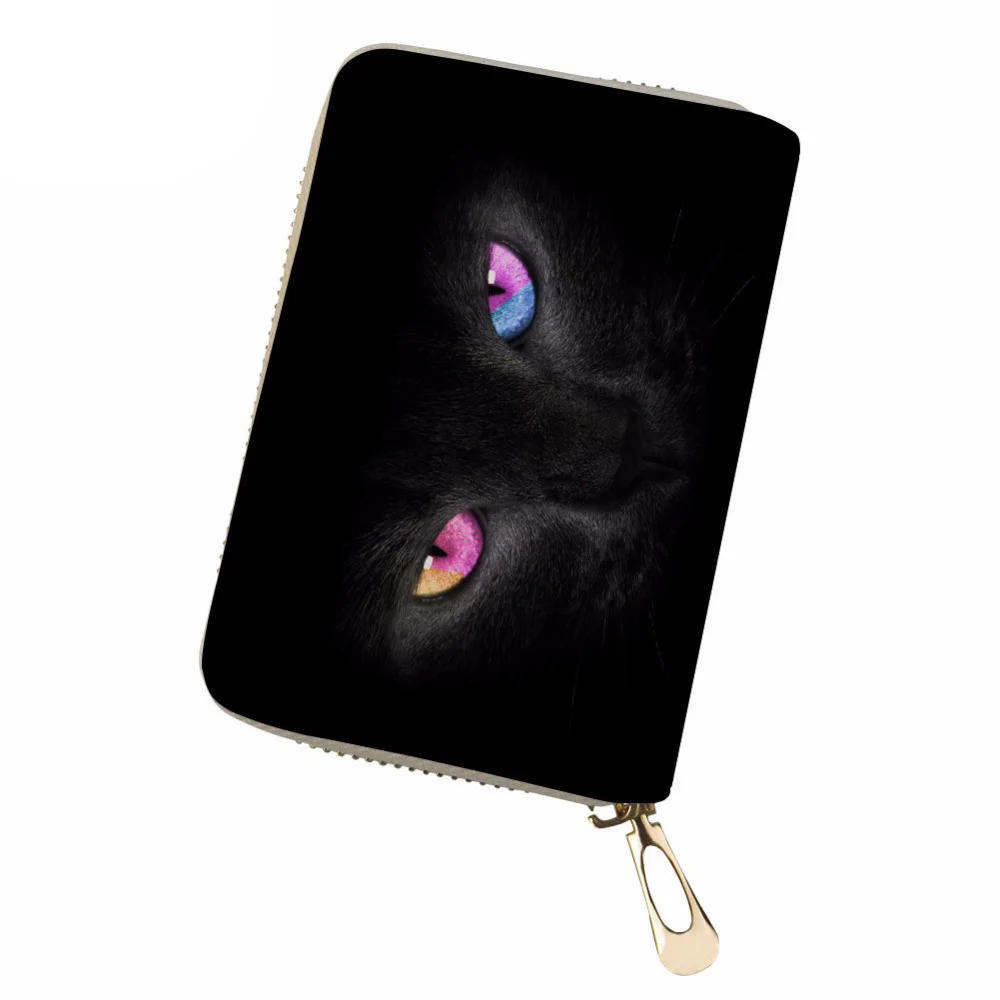 

NOISYDESIGNS Card ID Holders Black Cat Eyes Printing PU Leather Cover for Card ID Women Zipper Durable Pouch Card Protect Case