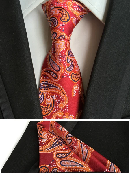 

QXY mens fashion ties pocket square tie set men flowers neckties business polyester silk tie handkerchief red woven T034