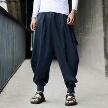 INCERUN % 2021 pamuk Harem pantolon erkekler japon gevşek Joggers pantolon erkek çapraz pantolon kasık pantolon geniş bacak dökümlü pantolon erkekler