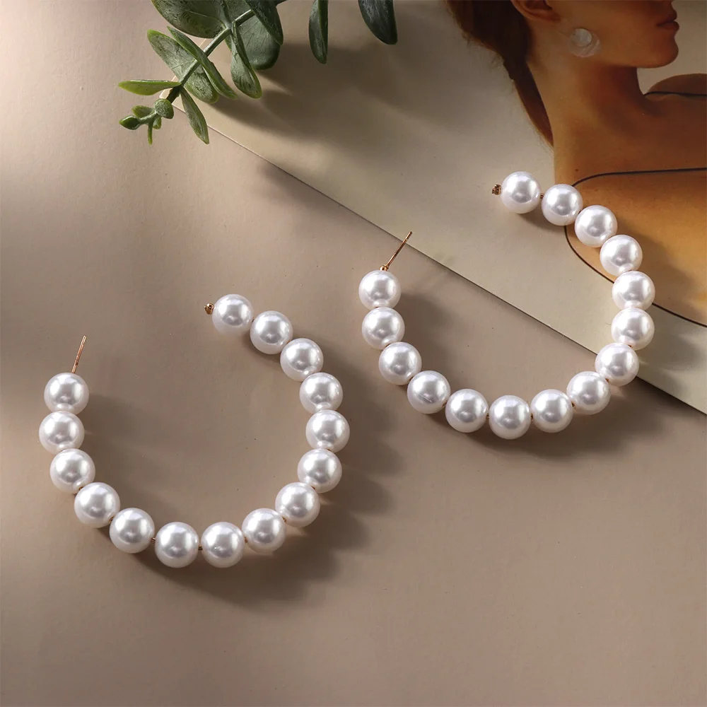 Boho White Imitation Pearl Round Circle Hoop Earrings Women Gold Color Big Earings Korean Jewelry Brincos Statement Earrings