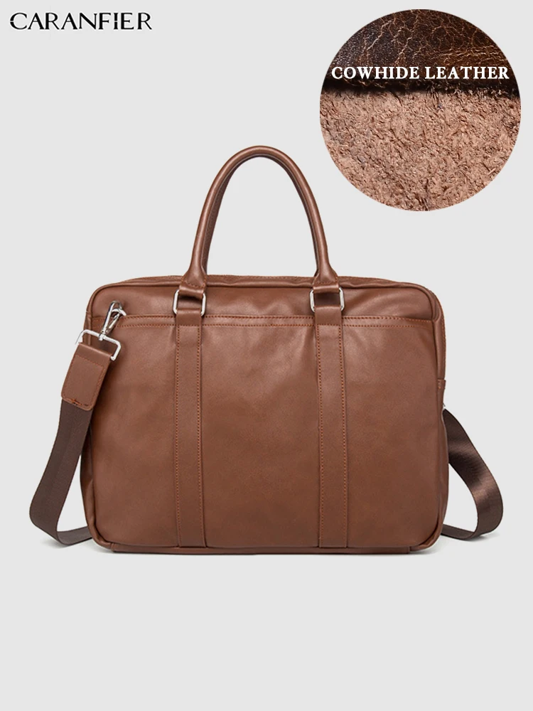 

CARANFIER Mens Briefcase Simple Solid Ducument Bags Leather Business Laptop Computer Bag Crossbody Soft Handle Zipper Travel Bag