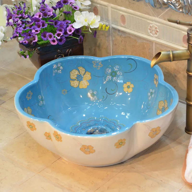 Handmade Primitive Style Porcelain Countertop Lavabo Bathroom Sink Wash Basin flower pattern (2)