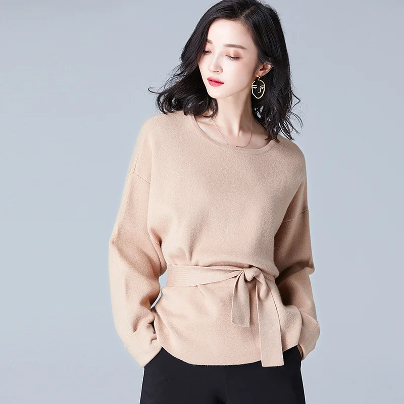 

New Fashion Women's Pullovers Ladies O-Neck Casual Knitted Sweaters Sashes Batwing Sleeve Tops With Belts Loose Knitwear