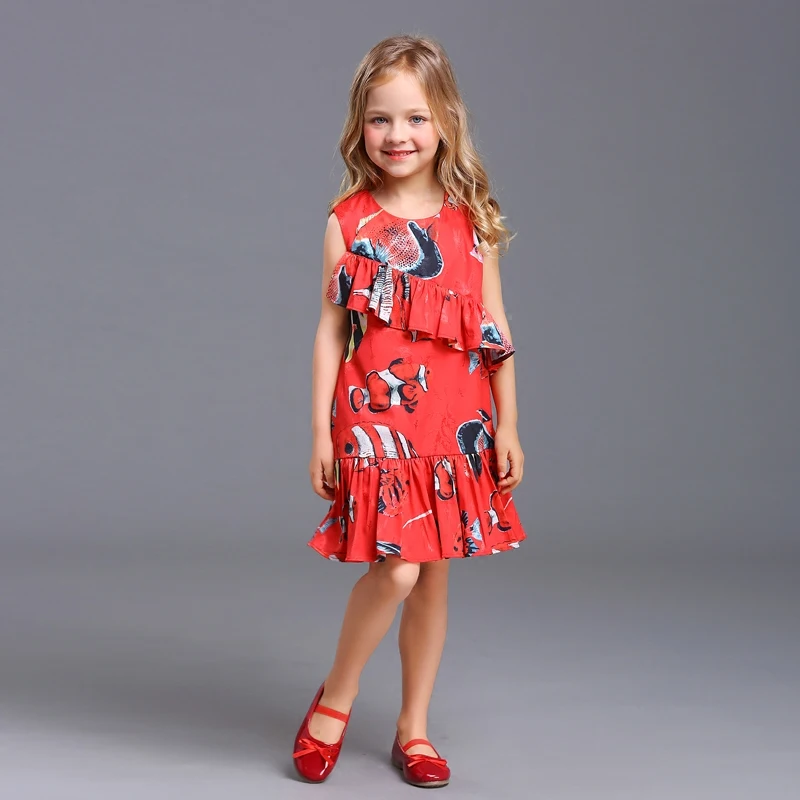 Summer family look clothes children tropical fish sleeveless A-line baby girl chiffon dress mother daughter matching beach dress Summer family look clothes children tropical fish sleeveless A-line baby girl chiffon dress mother daughter matching beach dress