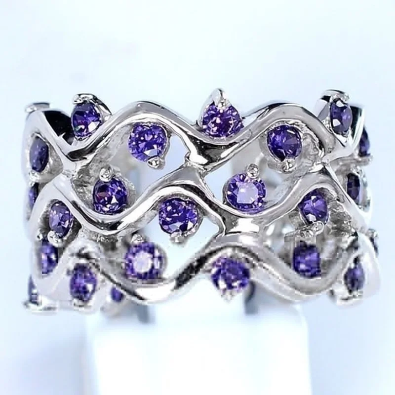 OMHXZJ,, Европейская мода, для женщин, девушек, вечерние, свадебный подарок, серебряное, фиолетовое, волнистое, аметистовое, 925 пробы, серебряное кольцо, RR16 - Цвет камня: purple