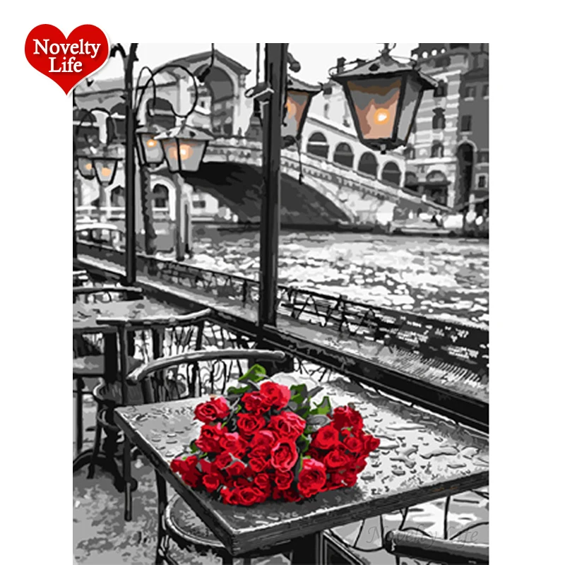 No Frame Picture By Numbers DIY Digital Canvas Red Rose Oil Painting Acrylic Home Decor Living Room Wall Art Coloring 40*50F31 | Дом и сад