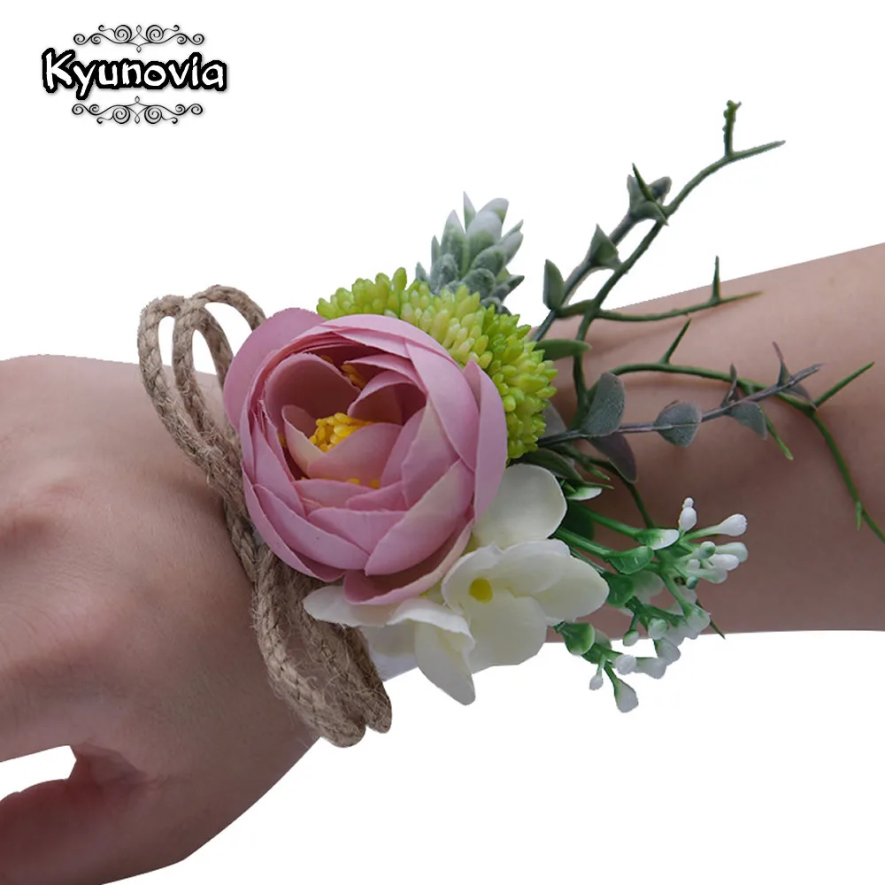 

Kyunovia Bridesmaid Hand Flowers Women's Wedding Bracelet Bridal Prom Wrist Corsage Blush Pink Silk Flowers Corsage FE102