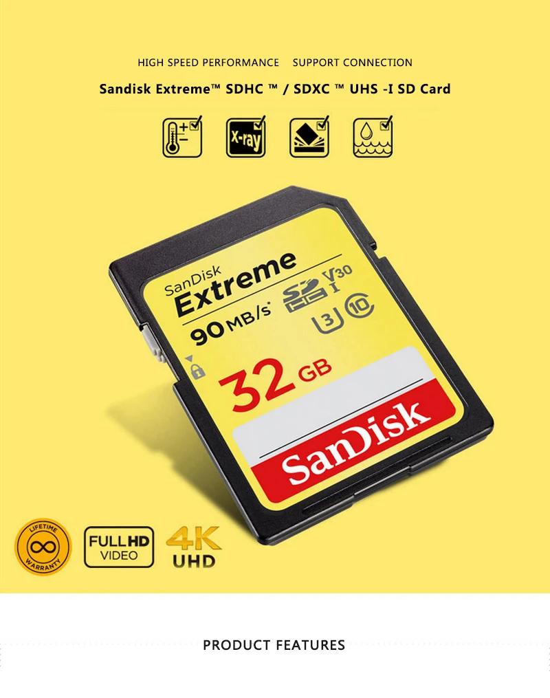 Двойной Флеш-накопитель SanDisk 90 МБ/с. Extreme SD Card 64 Гб оперативной памяти, 32 Гб встроенной памяти, слот для карт памяти U3 флеш-карта V30 для Камера Class10 флеш-карта UHS-I SDXC карты памяти SDHC