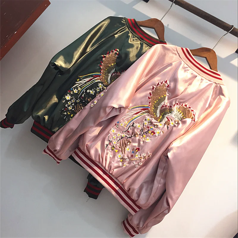 

army green/pink bomber jacket women autumn winter Reversible embroidery pilot coat 2018