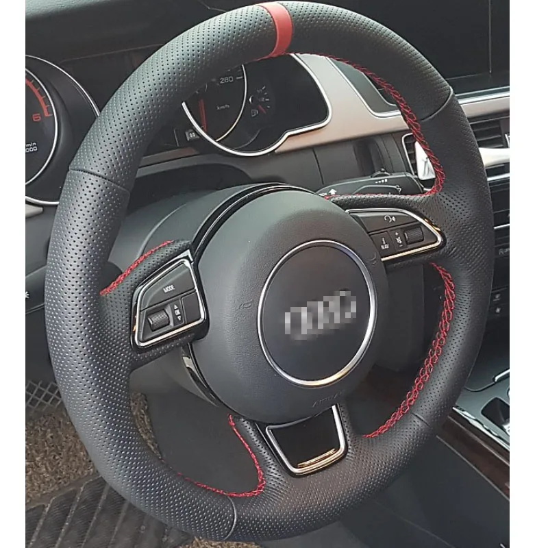 

For Audi High Quality Hand-stitched Anti-Slip Black Leather Red Thread DIY Steering Wheel Cover