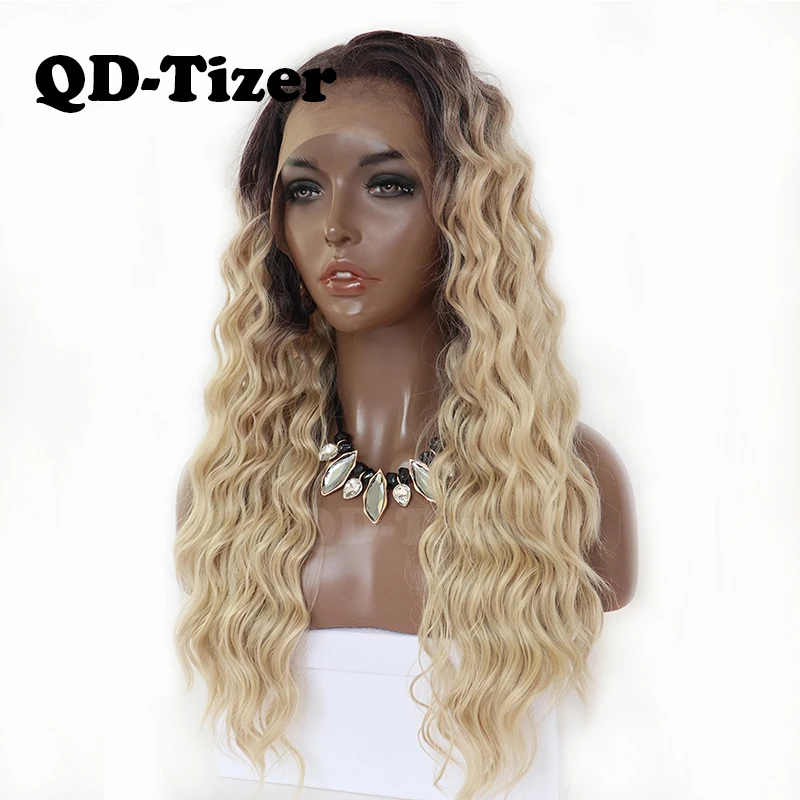 

QD-Tizer Blonde Hair Long Kinky Curly Ombre Blonde Lace Front Wig Glueless Dark Root Synthetic Lace Front Wigs for Black Women