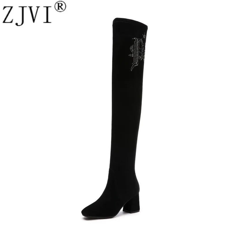 

ZJVI 2019 woman fashion suede leather thigh high boots women autumn winter over the knee boots womens square high heels shoes