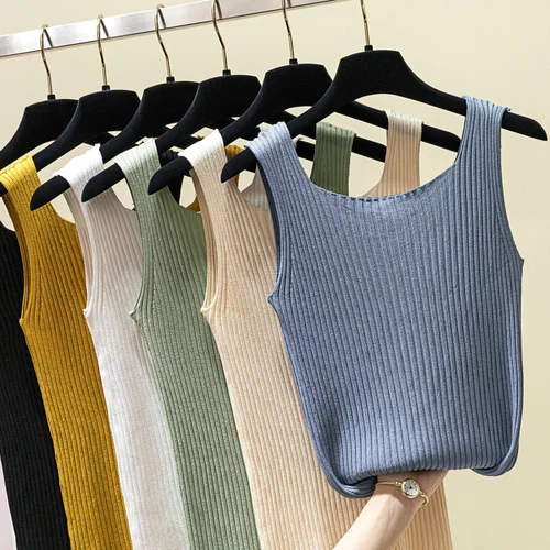 

Women Summer Sleeveless Knitting Tops Korean Fashion Knit Tank Tops Basic Tees For Women Vintage Tops