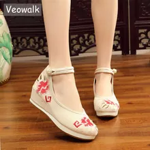 Veowalk/женские мягкие парусиновые туфли ручной работы на плоской платформе с ремешком на лодыжке в стиле ретро; удобные женские туфли из джинсовой ткани с вышивкой на толстой подошве