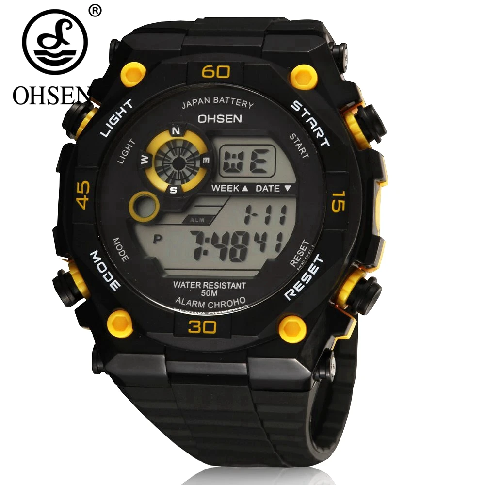 

NEW Arrival OHSEN Brand Men LED Digital Military Watch Fashion Sports Watch 50M Dive Swim Outdoor Yellow Casual Wristwatch Gifts