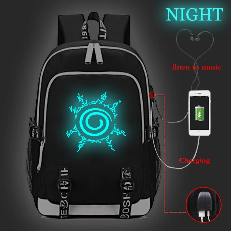 Классический Аниме Наруто светящийся USB зарядка школьные сумки для студентов мальчиков девочек Школьный рюкзак Наруто школьный модный рюкзак - Цвет: 17