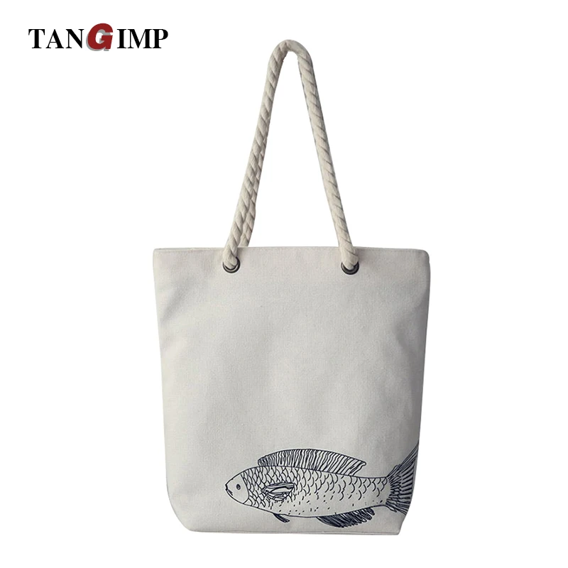 

TANGIMP Canvas Handbags Rope Handle Women Handbags Deer Flower Fish Shoulder Bags Casual Shopping Beach Bolsa 2018 New Spring