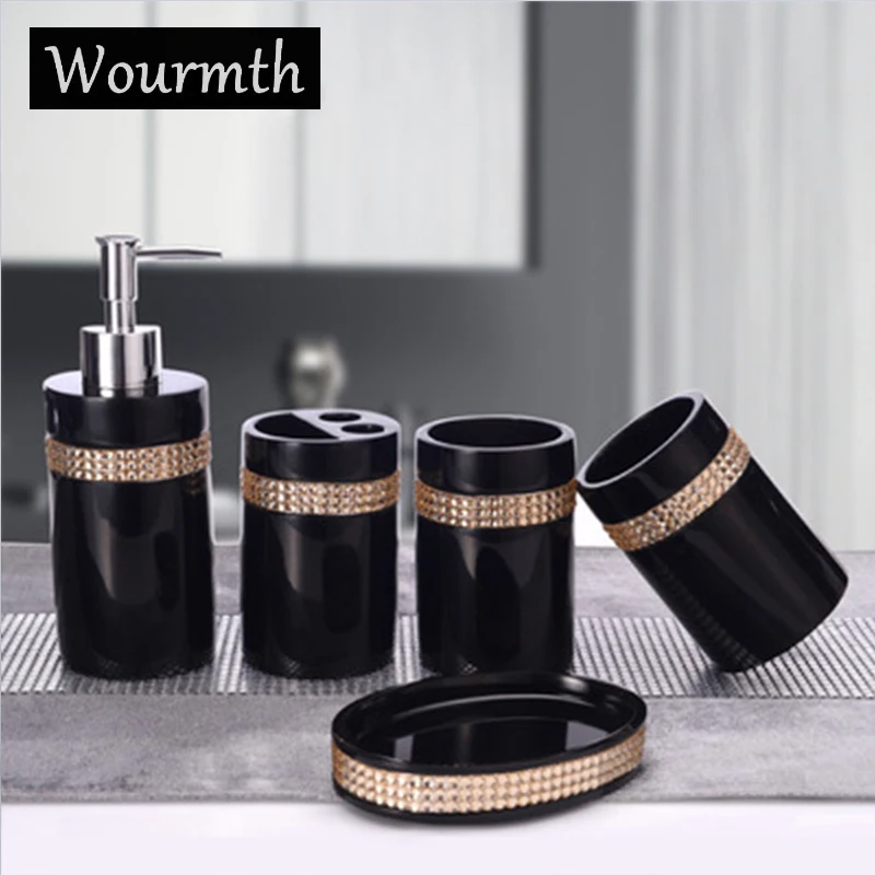 

Wourmth European style rhinestone Bathroom Set 5Pcs Tooth Brash Holder Soap Dish Liquid bottle Tray Household Housewarming Gift