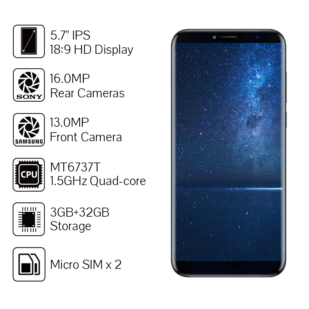 Cubot X18 телефоны Две sim карты 5 7 &quotHD + 18:9 Finger ID MT6737T четырехъядерный 3 ГБ 32 Гб Смартфон