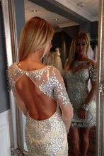 Sparkly Wulstige Kristalle Short Enge Einbau Champagner Langen Ärmeln Prom Homecoming Kleider Reizvolle Backless Mädchen Cocktailkleider